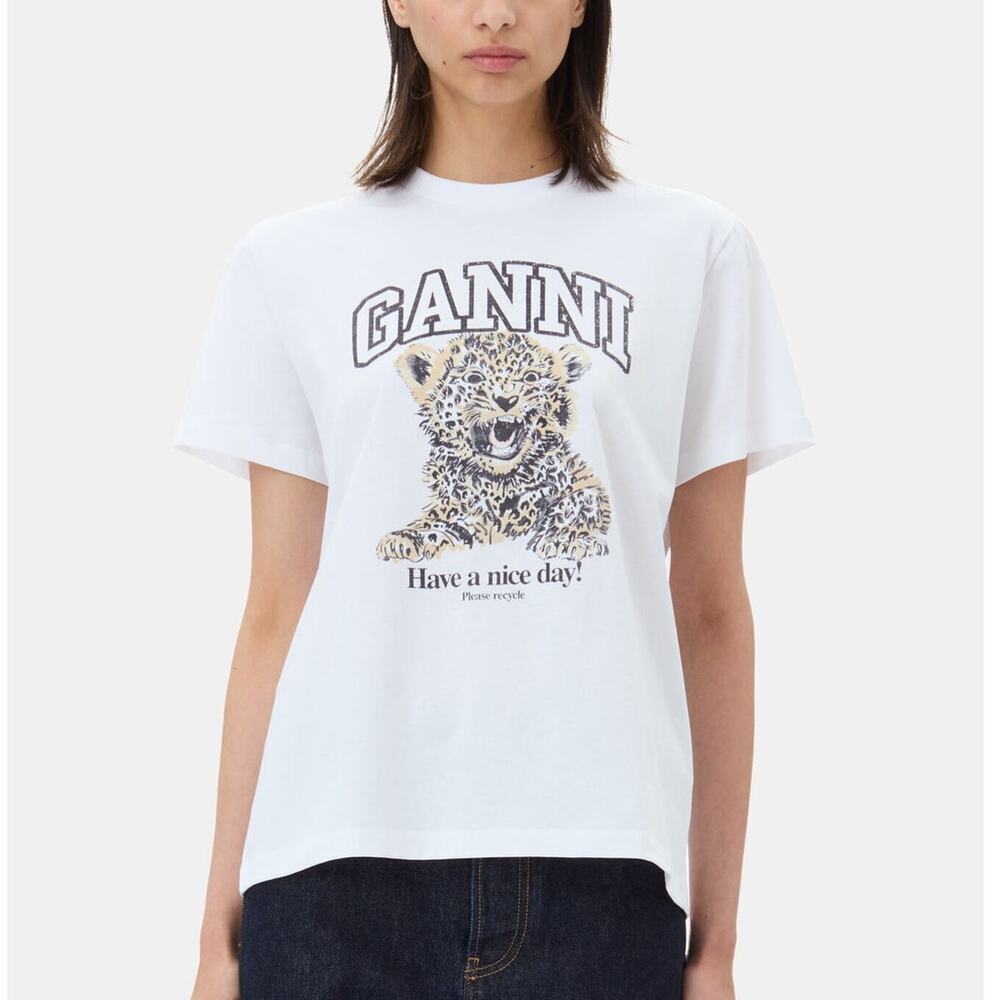 Ganni Leopard T Shirt Short Sleeve Graphic Print Basic Jersey Tee Top White XL